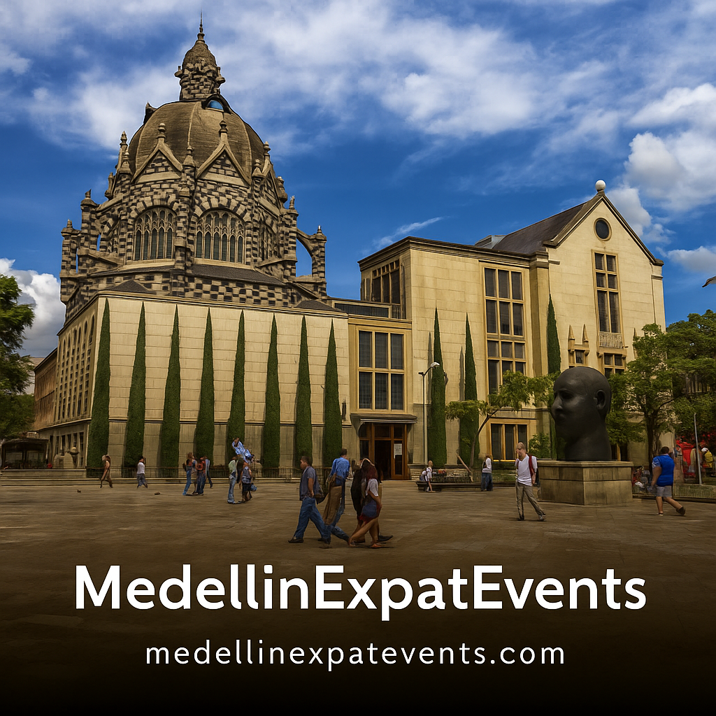 Exterior view of a historic building in Medellín with a distinctive dome, surrounded by tall trees and people walking, with 'MedellinExpatEvents' text overlay.